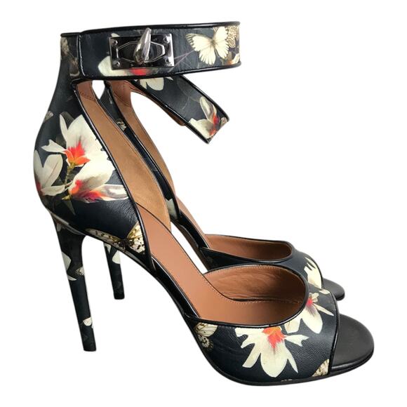Givenchy Magnolia Moth Black Floral Print Ankle Strap Sandals Women US10 40 NEW - Picture 4 of 10